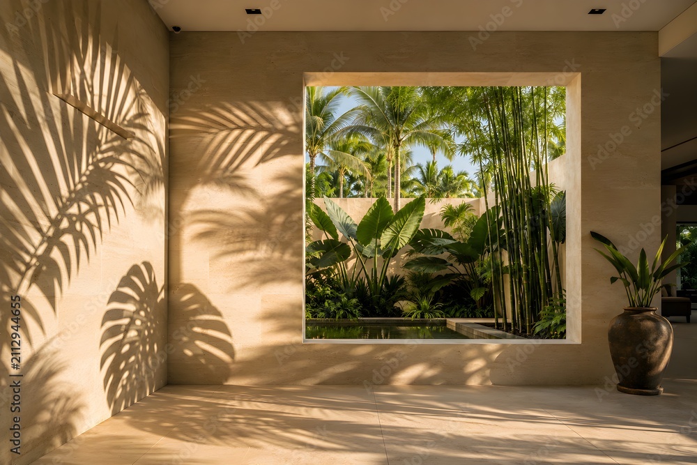 Obraz premium Minimalist interior room framing tropical garden with bamboo and palm shadows
