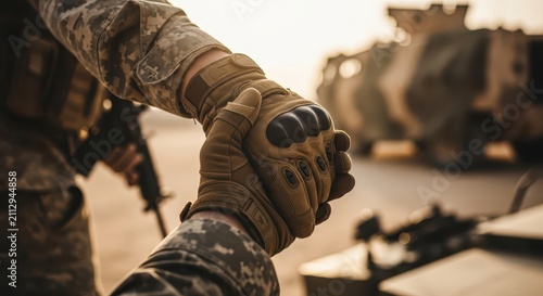 Soldiers shaking hands in camaraderie, showing support and unity with military vehicles in the background during a desert operation.