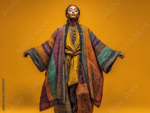African woman wearing colorful traditional attire with wide sleeves poses confidently against a vibrant yellow background, showcasing cultural fashion and style