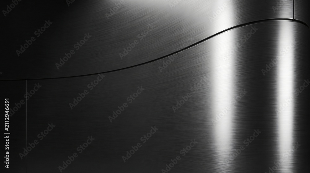 Obraz premium Modern industrial background of brushed dark metallic surfaces with elegant curves and reflections. 