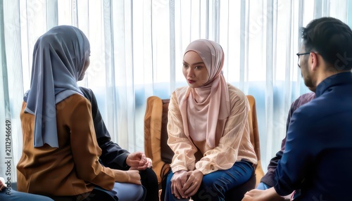 Muslim women having a serious conversation in a group setting