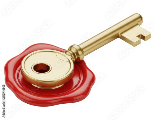 Golden key resting on a red wax seal isolated with transparent background