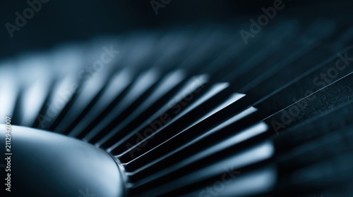 Close up abstract view of a futuristic jet engine turbine fan blades in motion
