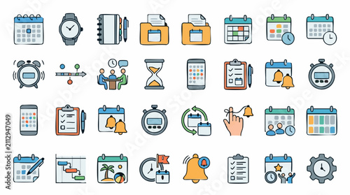Time management, planning, and scheduling vector icons set