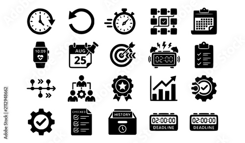 Time glyph solid icons set with clean minimalist clock deadline and productivity schedule flat design elements