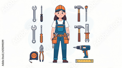 Female worker character with various construction tools