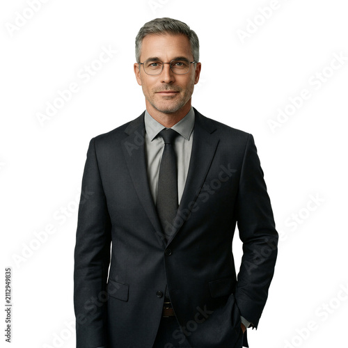 Businessman portrait blazer isolated professional man in mid 40s wearing wire rimmed glasses on a transparent background for corporate design