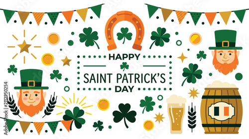 Obraz na plátně Saint patricks day celebration elements with leprechaun heads clovers horseshoe and beer barrel