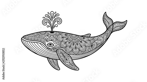 Konstfotografi Decorated whale with water spout intricate line art.