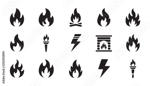 Obraz na plátne Fire and flame icons set including campfire symbols torches lightning and fireplace graphic elements
