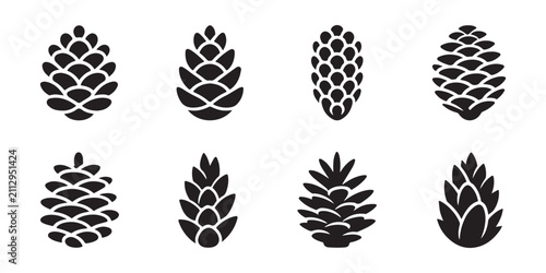 Quadro su tela Set of eight black pine cone icons on transparent background, natural element of forest tree