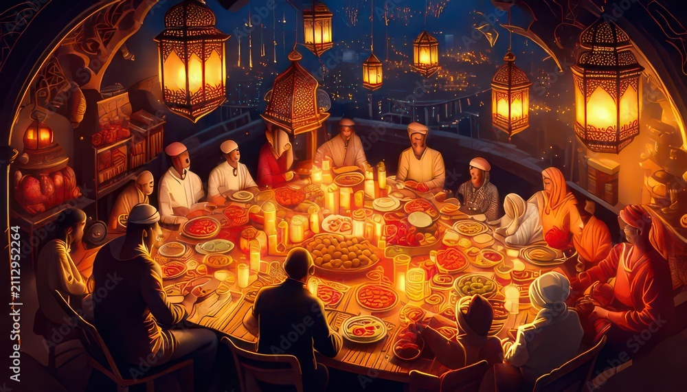 Obraz premium Community dinner gathering with lanterns overlooking city at night