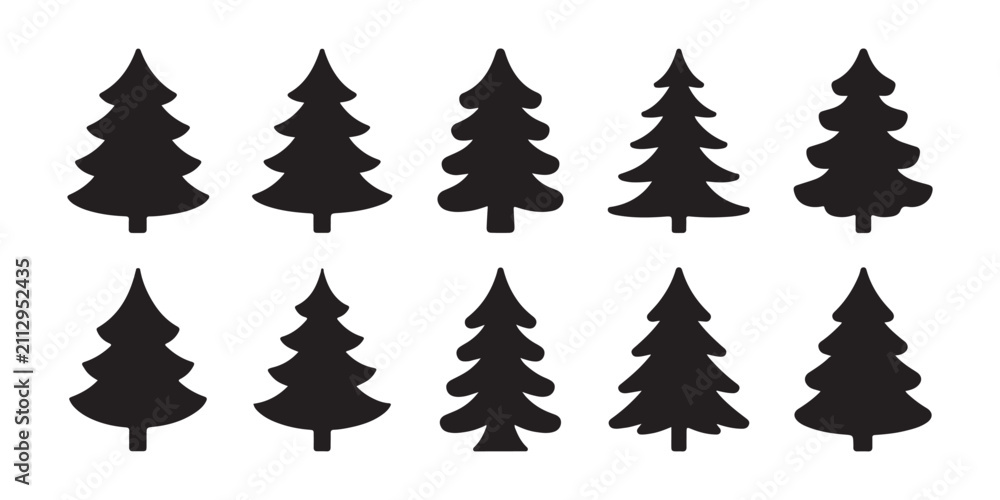 Obraz premium Assortment of diverse black evergreen pine tree silhouettes for winter holiday and nature graphic design.