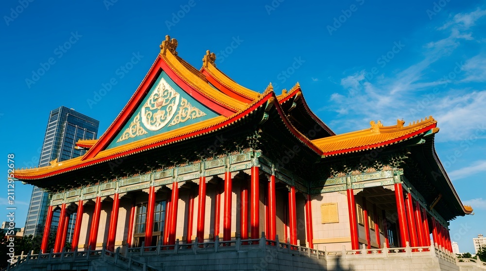 Fototapeta premium Traditional chinese architecture with ornate roof details under a bright blue sky celebrating the spirit of the national day in china