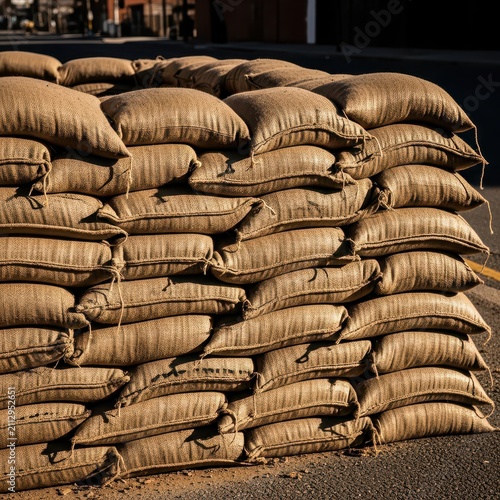 Stacked Sandbags for Flood Barrier or Protection Wall Outdoors