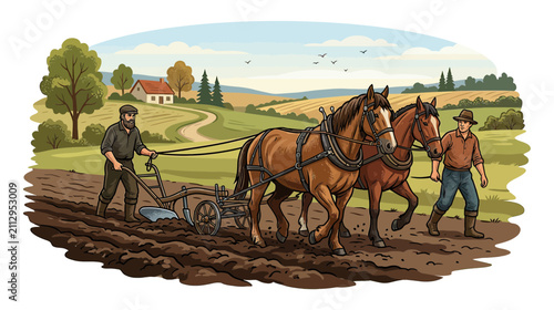 Farmers Plowing Field With Horse-Drawn Plow