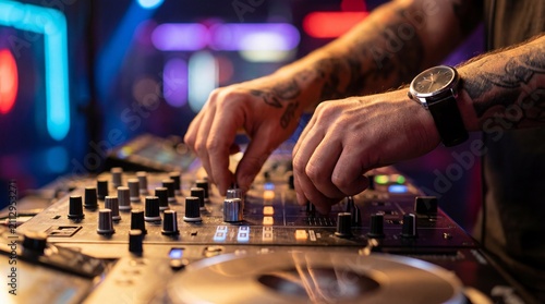 Close-up of tattooed DJ hands mixing music on a professional audio controller in a nightclub