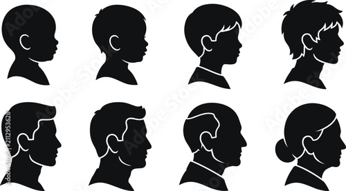 Bild auf Leinwand Set of Head Profile Silhouettes Showing Aging Process from Baby to Childhood, Yo