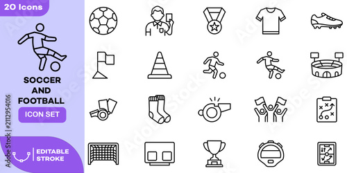Soccer Football Sport Line Icon Set. Athletic Game Outline Symbol Collection with Ball, Referee, Trophy, Goal, Cleats, Jersey, Whistle, Stadium, Fans and Tactics Board Icons. Editable Stroke Vector