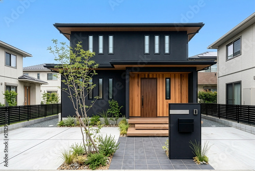 ブラック外壁と木目の玄関が調和したモダンな新築注文住宅の外観と澄んだ青空｜シンプルで高級感のあるファサードデザイン