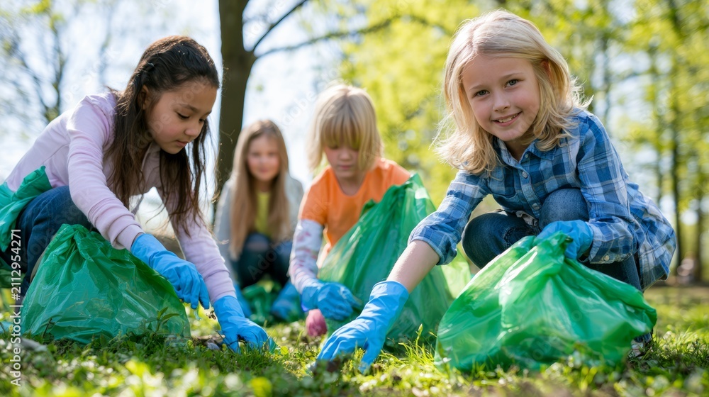 Fototapeta premium Children Picking Up Trash in Sunny Public Park for Earth Day