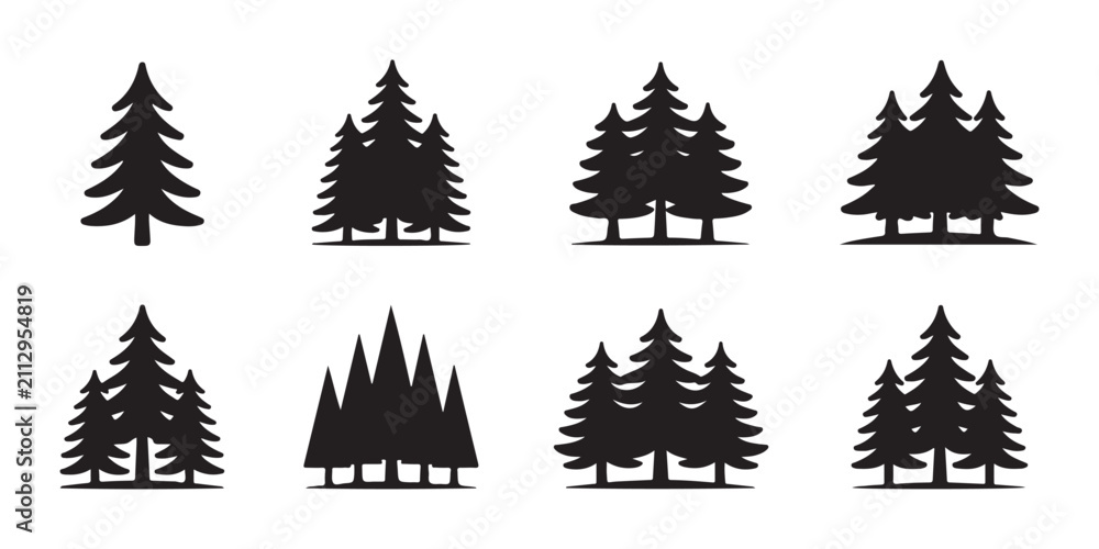 Obraz premium Set of black pine tree silhouettes isolated on transparent background, christmas tree vector.