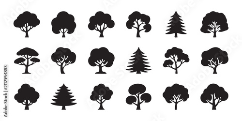 Foto Large collection of black tree silhouettes vector, various types of trees for natural designs