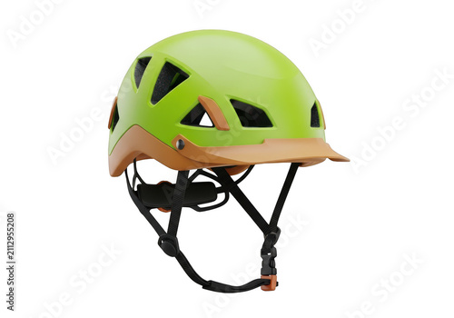 3d icon of a bright green climbing helmet with a brown brim and black straps, isolated on transparent background