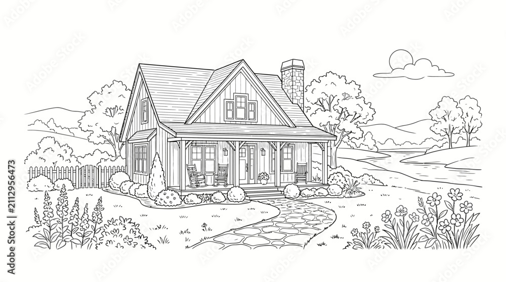 Fototapeta premium Charming Hand-Drawn Illustration of a Cozy Suburban House with a Welcoming Porch and Garden.