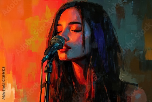 Influencer performing live streaming using a phone and microphone in a vibrant and colorful setting during the evening