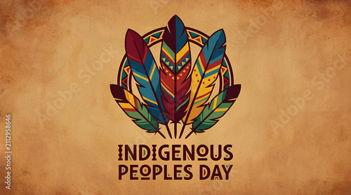 Indigenous Peoples Day emblem with colorful feathers.