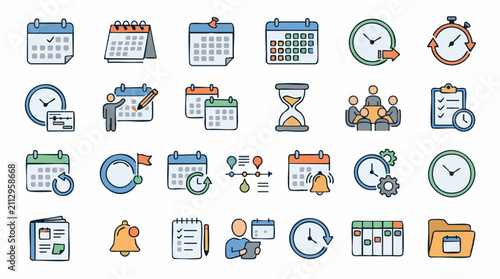 Time management and scheduling flat line icons set. Calendar, clock, and planning symbols.