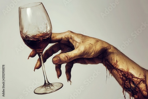 Hand reaching for a glass of red wine depicting struggle with addiction and temptation during a somber moment at home