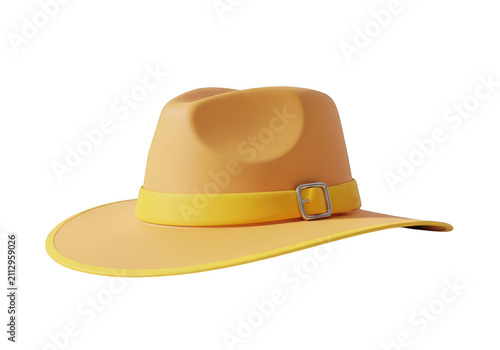 3d icon of yellow fedora hat with a yellow band and buckle, isolated on transparent background