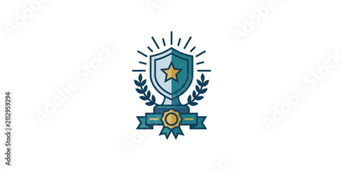 Shield emblem icon with star laurel wreath and ribbon.