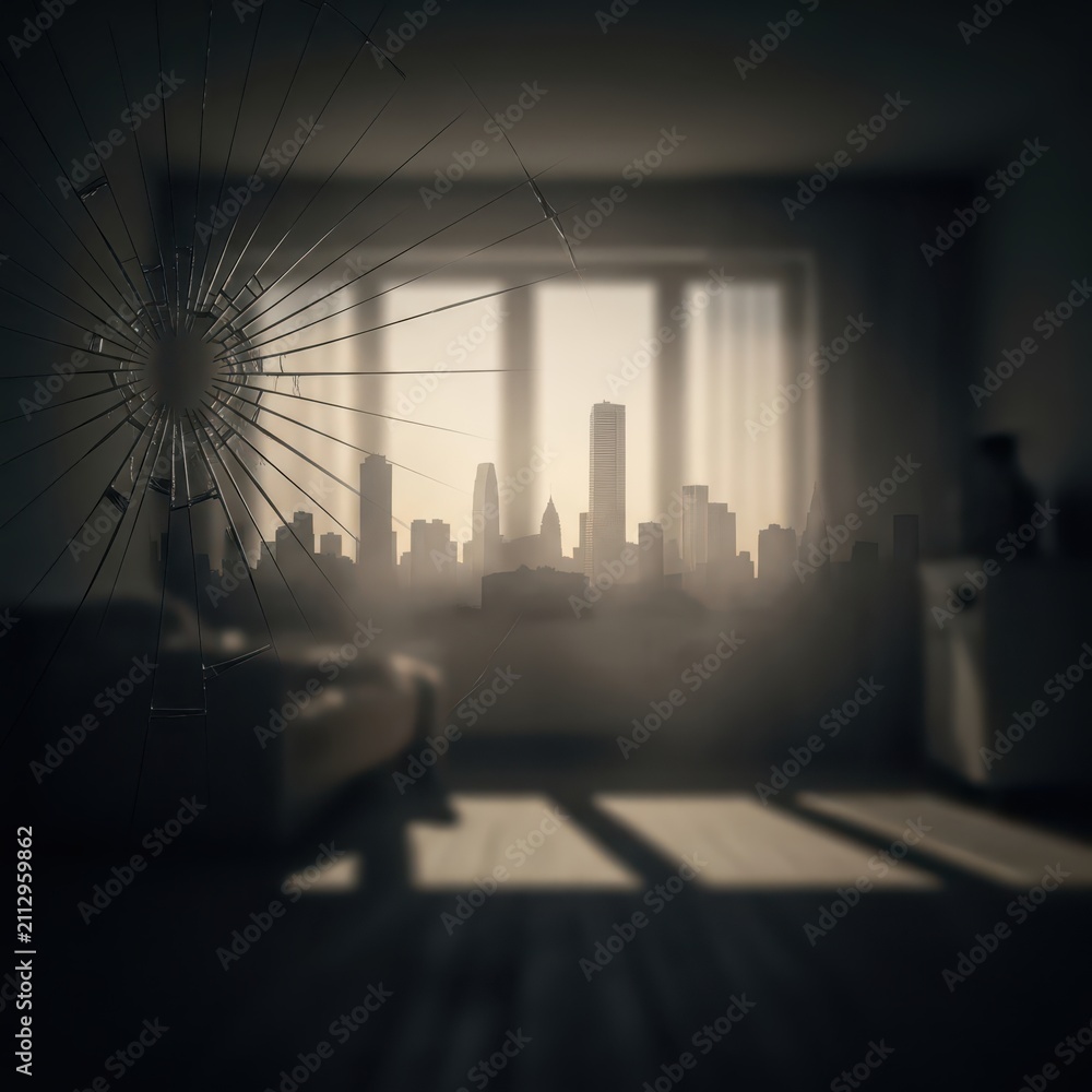 Obraz premium View of a city skyline through a broken window with light rays and sofa silhouette
