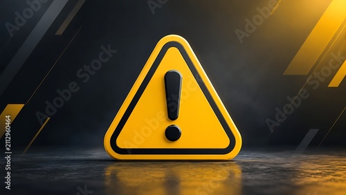 Yellow triangle warning sign with exclamation mark on dark background symbolizing caution and danger