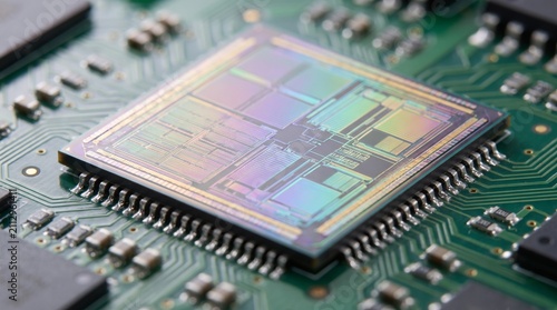 High tech microchip mounted on printed circuit board closeup macro