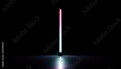 Canvastavla Bright neon light tube glowing with pink and teal colors on dark reflective surface