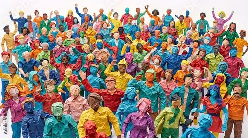 A multitude of vibrant, diverse sculpted figures standing together, symbolizing global community, collaboration, and human connection in a colorful and dynamic representation