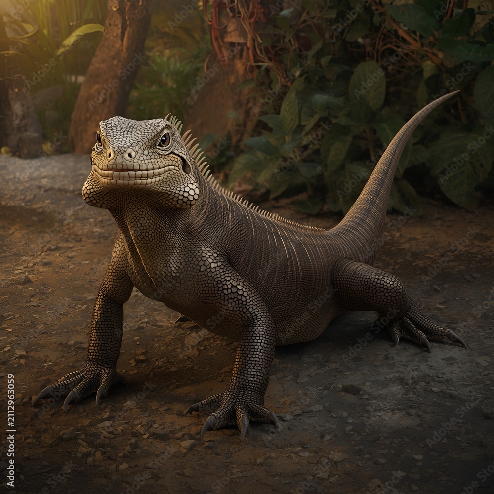 Fototapeta premium Realistic 3D render of an iguana in tropical forest with dramatic golden sunlight