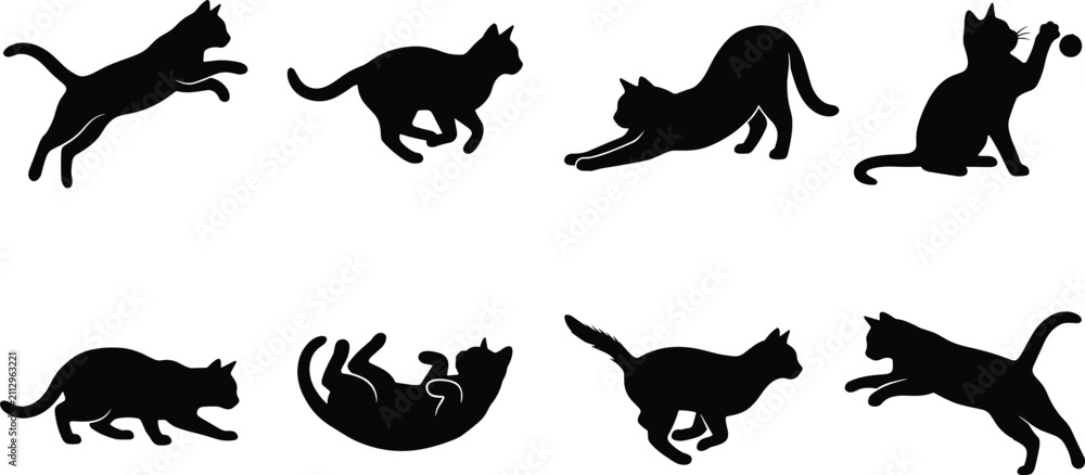Obraz premium Black Cat Silhouettes in Various Dynamic Poses for Pet, Animal, and Creative Design Projects