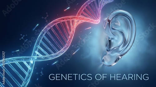 Genetics of hearing concept illustration with DNA double helix and human ear model for medical science research