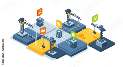 Cranes manage site development tasks connected by data nodes and colorful interface notification icons.