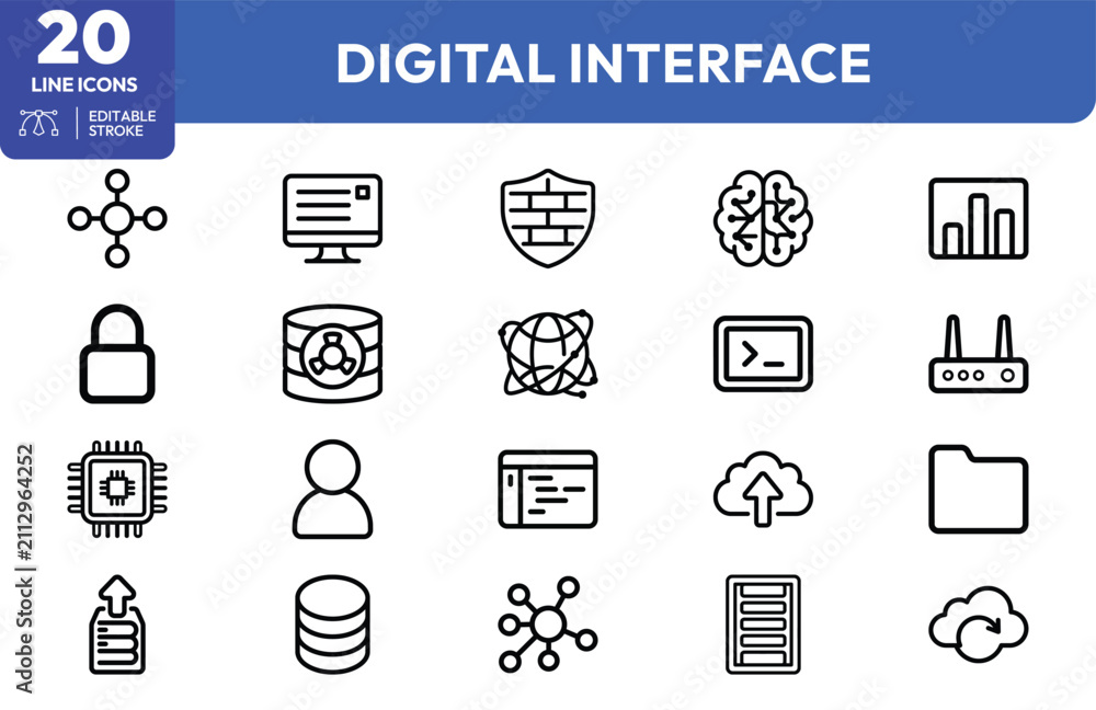 Fototapeta premium Digital infrastructure set. Network, security, cloud, analytics, database, and user interface elements. Editable stroke. Vector illustration.