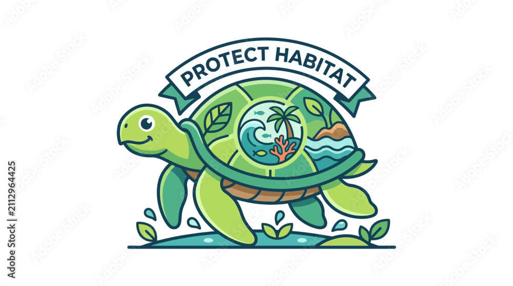 Fototapeta premium Protect Habitat Simple Flat Vector Illustration of a Turtle and its Ecosystem