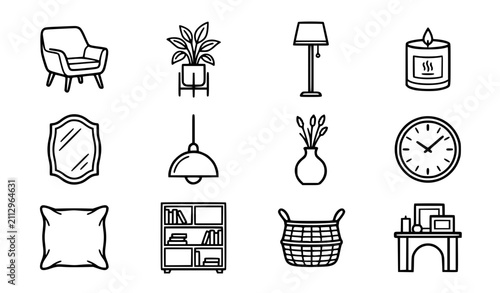 Generic interior decor and lifestyle vector icon set with simple bold line art classic complete unbranded armchair plant lamp vase home furniture clip art black and white