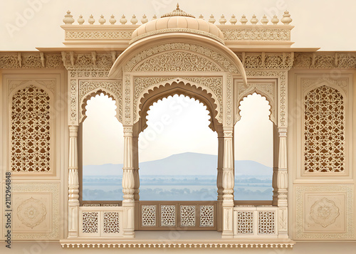 flat lay of Heritage palace jharokha window with elegant stone carvings and spacious negative space, modern vector design