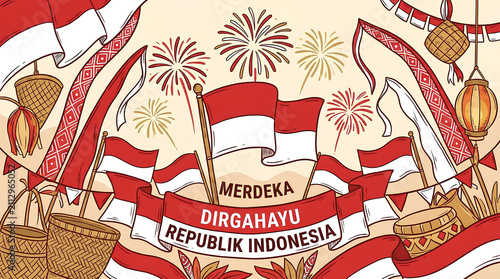Indonesian Independence Day banner with national flags and fireworks.