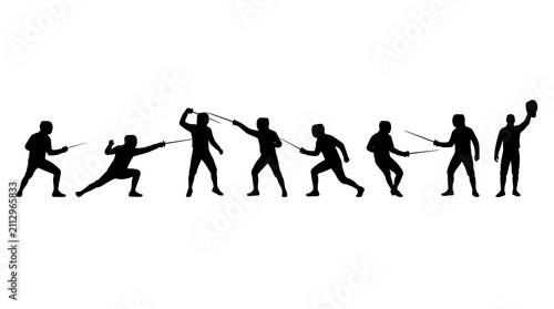 Fencing athletes in action, dynamic poses showing attack and defense, silhouette set on a white background, representing sport competition and